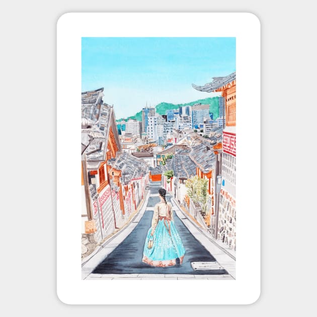 Bukchon Hanok Village, South Korea Sticker by NorrskenArt